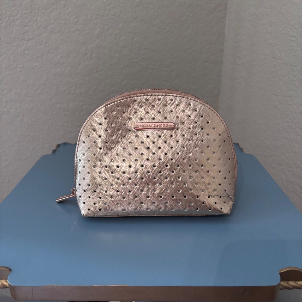 New Michael Kors Cosmetic Pouch Metallic Rose Gold Perforated with Card Holder